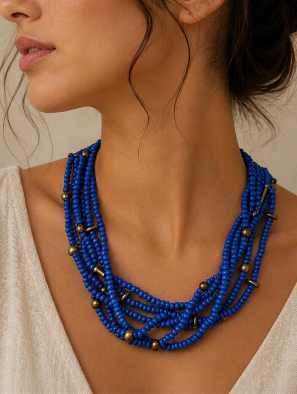Vintage Estate Ethnic Cornflower Blue Multi-strand Beaded Necklace